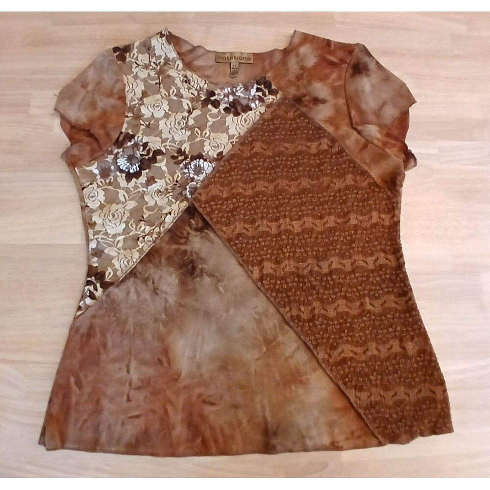 Notations Women's Patchwork Top Textured Floral Short Sleeve Boho Asymmetrical - Picture 2 of 10